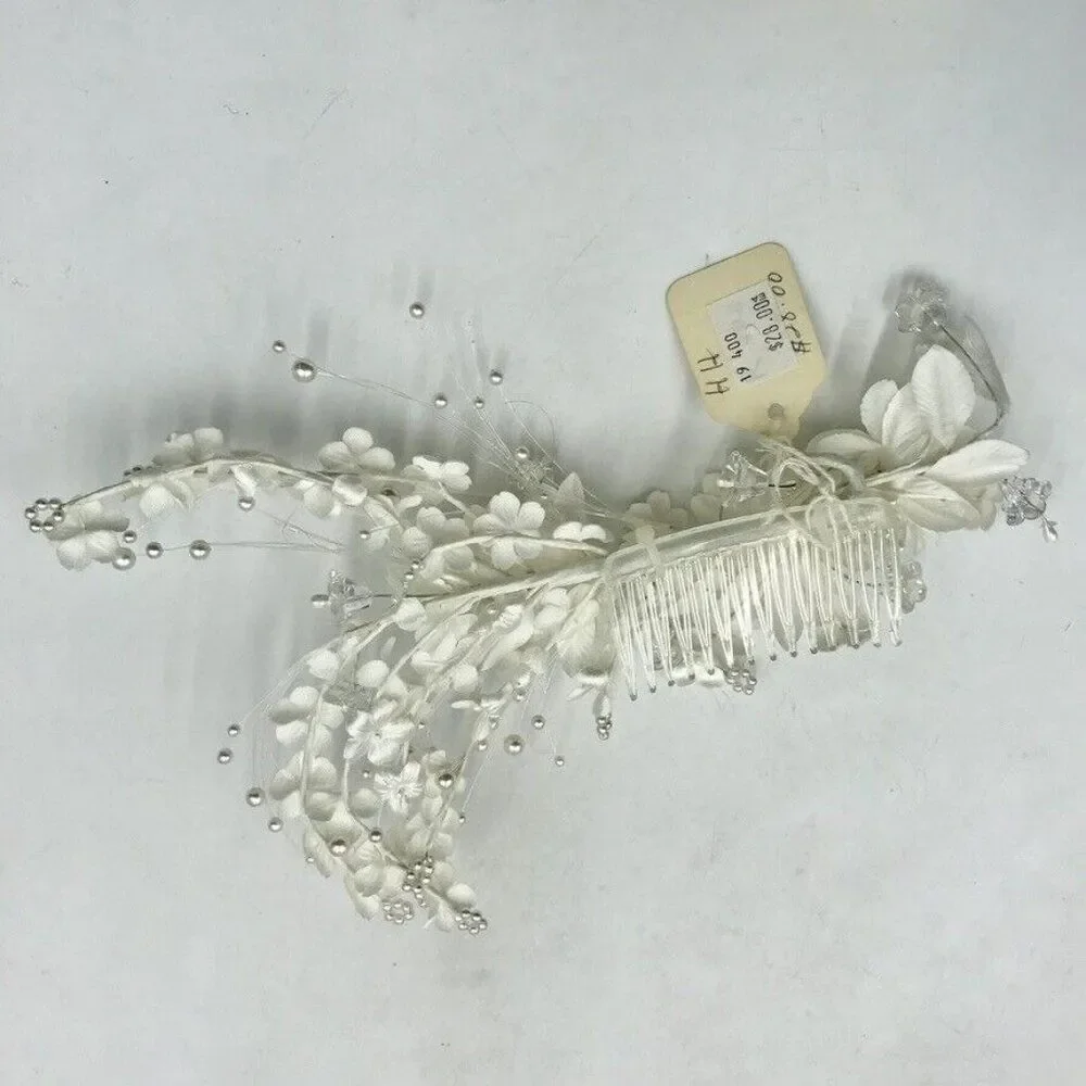 Vintage 80s Womens Vine Spray Comb Pearl Flower Bride Bridal Flower Crystal